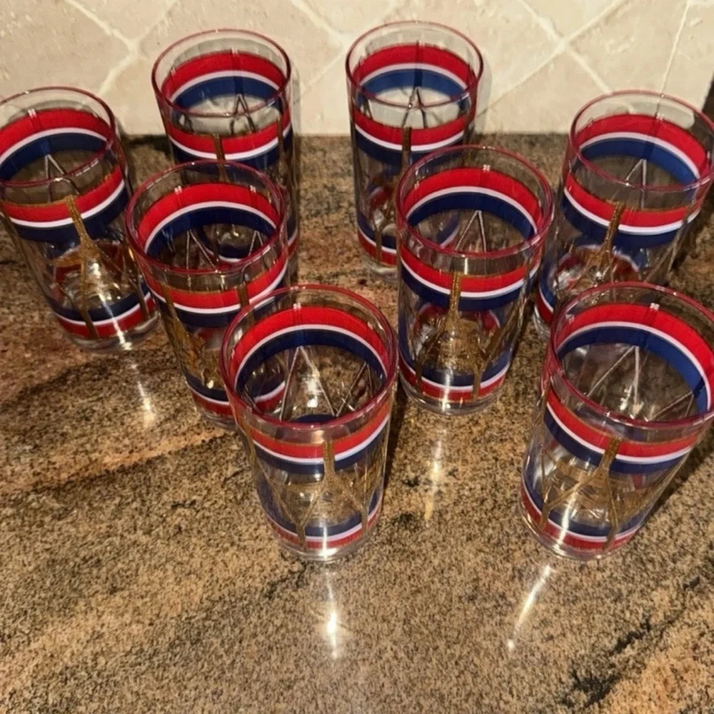 Set/8 Antique House Art Hi Ball Set Red White Blue & Gold Eagle Drum Design